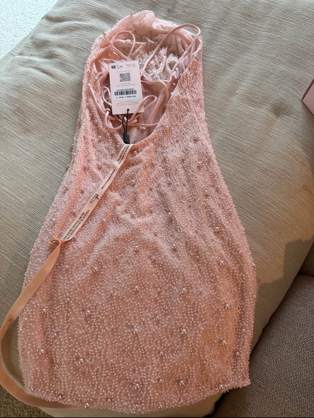 Blush Pink Beaded Mini Dress with Spaghetti Straps - Picture 3 of 4
